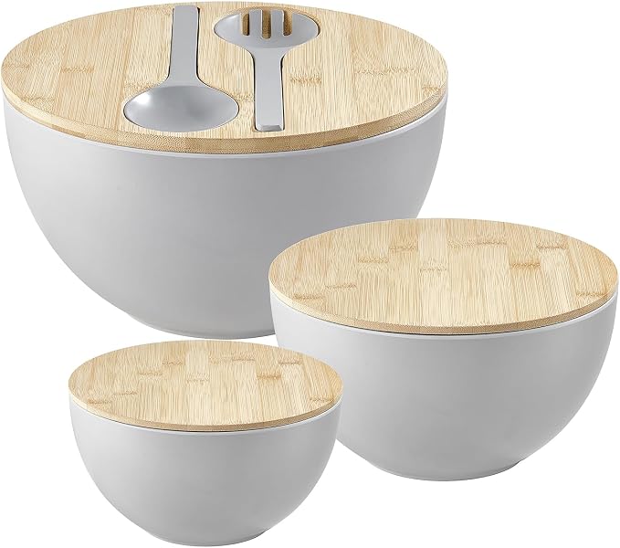 ECOWAY Salad Bowls Set of 3 with Lid & Serving Utensils, Bamboo Fiber Mixing Bowls Set Large Serving Bowls & Storage Set with Bamboo Lid for Salad, Kitchen Eating, Pasta, Popcorn, Chips, Fruit, Grey by ECWAY