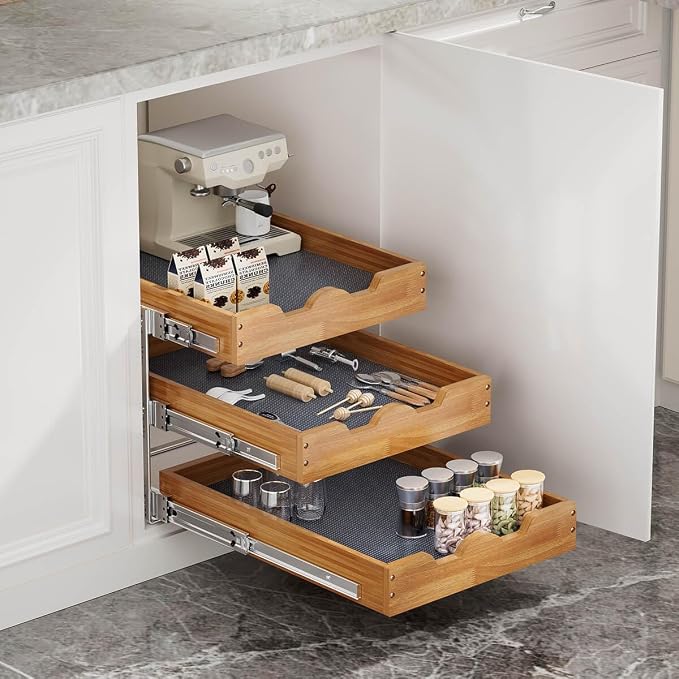 OCG Pull Out Cabinet Drawer 17" W x 21" D, 3 Tier Pull Out Cabinet Organizer, Heavy-Duty Slide Out Drawer for Cabinets, Organization for Kitchen, Pantry, Bathroom - Image 3