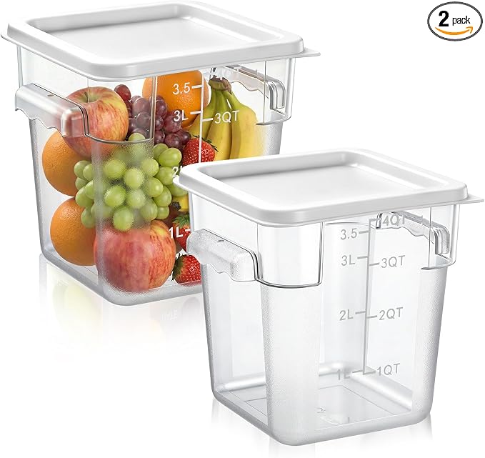 FoldTier 2 Pieces Square Food Storage Containers Polycarbonate Clear food Container with Lid Commercial Storage with Graduations for Commercial Kitchen Dough Marinating Meat(White,4 Qt) by FoldTier