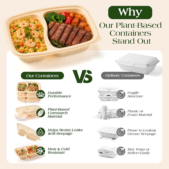 100 Piece (50 Pack) Meal Prep Containers Reusable - 2 Compartment 32 oz Cornstarch Snack Containers with Lids - Plastic Food Storage Salad Containers - To Go Lunch Box - Microwave & Freezer Safe - Image 4