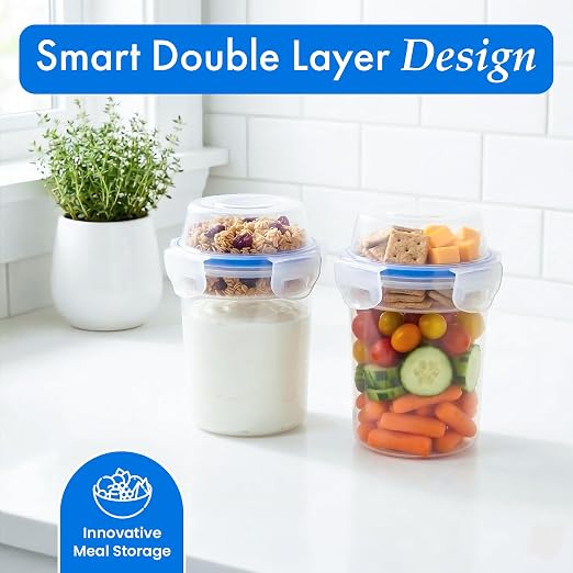 480ml Airtight Cereal Storage Container with Separate Topping Cup Leak-Resistant Clip-Lock Lid Stackable Snack & Yogurt Cup for On-the-Go Breakfast Travel School Office & Daily Use, Set of 2 - Image 5