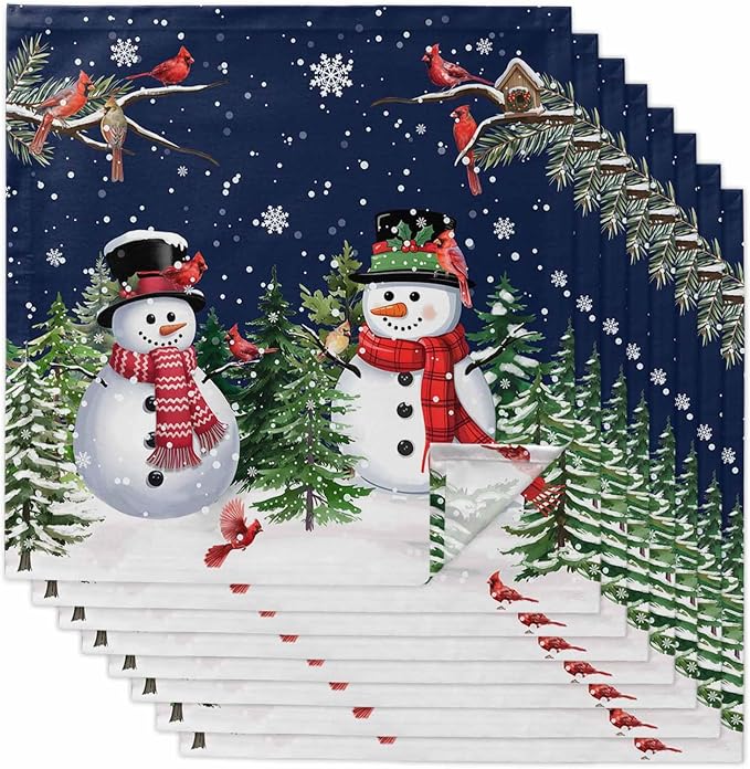 Navy Blue Snowman Christmas Cloth Napkins, Washable and Reusable Dinner Napkins Set of 8, Xmas Tree Snowflake Winter Birds Table Napkin for Kitchen Party Birthday Wedding Hotel Housewarming 20''x20'' by Unknown