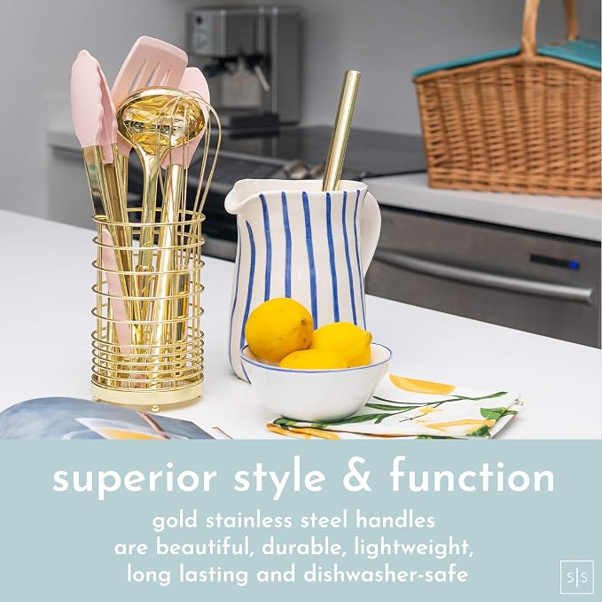 Styled Settings Gold and Pink Kitchen Utensil Set with Holder, 7-Piece | Nonstick Silicone Cooking Utensils Set with Gold Utensil Holder, White and Gold Kitchen Accessories for Modern Kitchens - Image 6
