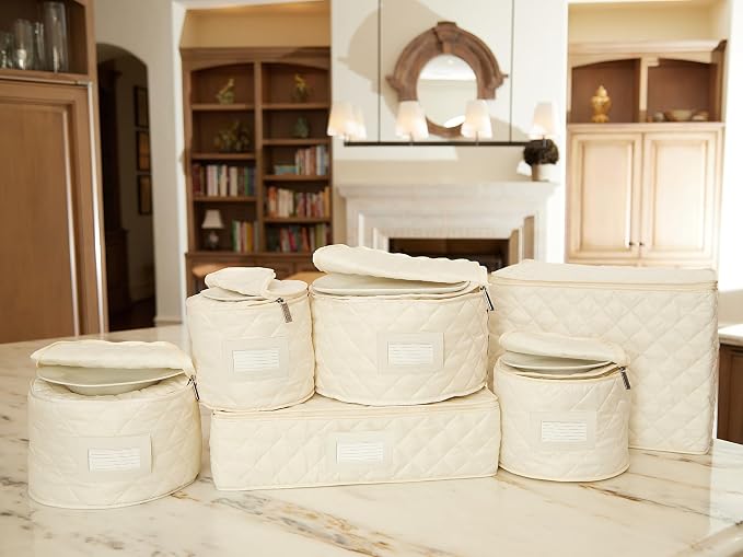 Covermates Keepsakes Dish Storage Set – Padded China & Dinnerware Storage Cases with Dividers, Cup & Stemware Storage, Quilted Polyester Protection, ID Window, Cream - Image 7