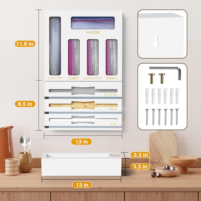 DALSHABET 9 IN1 Bamboo Storage Bag Drawer Organizer with Cutter, Foil and Plastic Wrap Dispenser for Kitchen Storage Compatible with All Brands Gallon, Quart, Sandwich & Snack Size Bags - White - Image 3