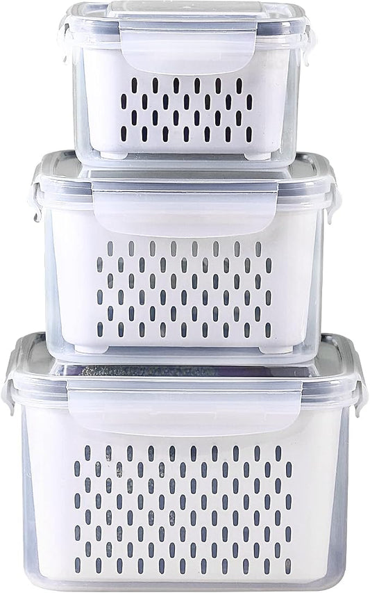 3Pack Fridge Food Storage Container Set with Lids with Strainer, Fruit Vegetable Storage Containers Keep Fruits, Vegetables, Berry, Meat Fresh longer, BPA-Free Plastic Produce Keepers by Ronanemon