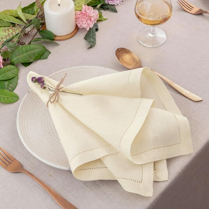 Signature Linen™ by D'Moksha Ivory Dinner Napkins Set of 8, 20 x 20 Inch Cloth Napkins, 100% Pure Linen, Hemstitch, Machine Washable Table Napkins- Summer, Weddings, Outdoor hostings - Image 3