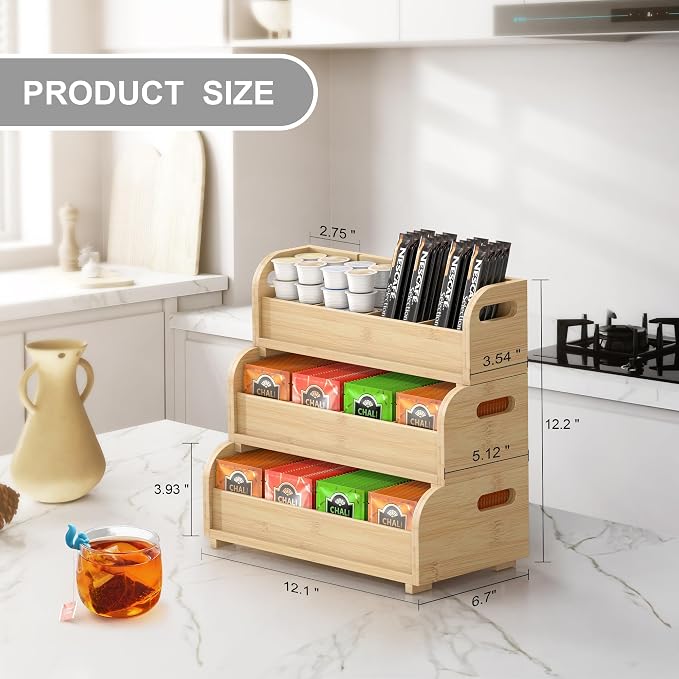 3-Tier Bamboo Tea Bag Organizer, Stackable Tea Holder for Countertop | Tea Box Rack with Removable Dividers, Wall Mount Large Capacity for Pantry Drawer Cabinet Kitchen Office Coffee Station - Image 2