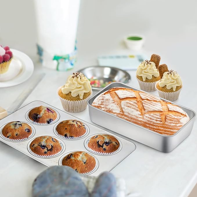 TeamFar Stainless Steel Bakeware Set of 5 | Toaster Oven Baking Roasting Pans, Square/Round Cake Pan, Loaf Pan & Muffin Pan, Healthy & Heavy Duty, Dishwasher Safe - Image 5