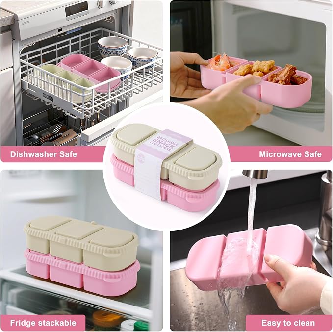 2Pack Silicone Reusable Snack Containers with Lids | Small 3-Compartment Snackle Box |Perfect for Kids Lunch, Sauce, Food Storage at School, Work, Travel - Image 6