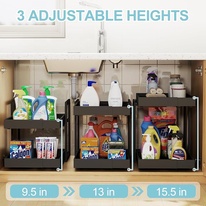 2-Tier Expandable Pull Out Cabinet Organizer, Cabinet Drawers, 16"D | Cabinet Pull Out shelves, Adjustable Pantry Drawers, Slide Out Drawers for Kitchen Cabinets, Under Sink Organizer, Black - Image 3