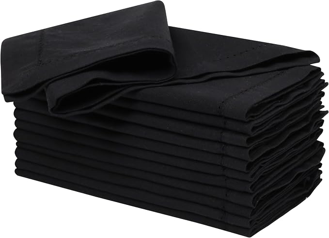 Ramanta Home Black Cloth Dinner Napkin Set of 12-18x18 Inch | Cotton Linen Flax Hemstitched Napkins Washable for Everyday Use by RamantaHome