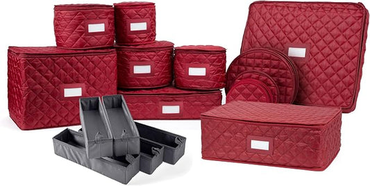Covermates Keepsakes Dish Storage Set – Padded China & Dinnerware Storage Cases with Dividers, Cup & Stemware Storage, Quilted Polyester Protection, ID Window, Red by Covermates