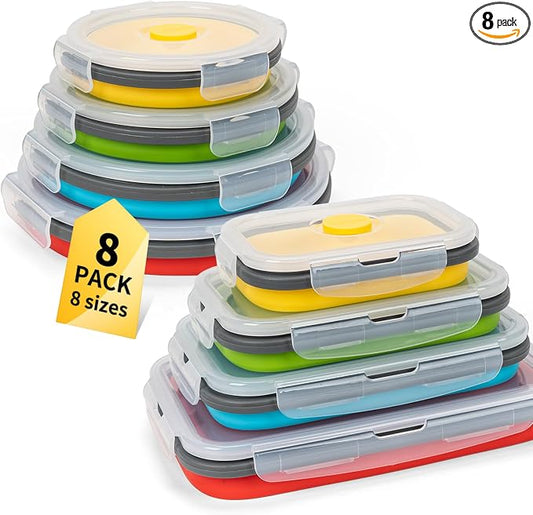 Collapsible Food Storage Containers with Lid & Air Vent, 8 Pack, 4 Rectangular + 4 Round, Annaklin Foldable Silicone Lunch Containers Collapsible Bowls Set, Microwave Freezer Dishwasher Safe, 4 Colors by Annaklin