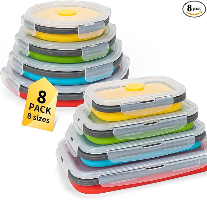 Collapsible Food Storage Containers with Lid & Air Vent, 8 Pack, 4 Rectangular + 4 Round, Annaklin Foldable Silicone Lunch Containers Collapsible Bowls Set, Microwave Freezer Dishwasher Safe, 4 Colors by Annaklin
