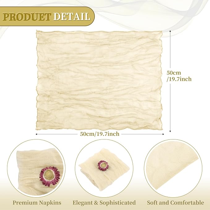 fani 100 Pack Gauze Cheesecloth Napkins, 20 x 20 in, Ivory | Wrinkled Table Napkins, Soft Cotton, Rustic Decorative, Weddings, Party, Dinner Table, Everyday Use - Image 2