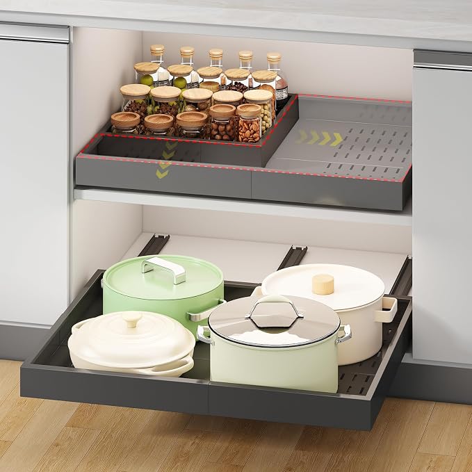 Fokyfok Pull out Cabinet Organizer,14"-21"W, 17"-24"D,Expandable,Adhesive | No Drill,3 Rails,Adjustable Slide out Drawers for Kitchen,Pantry,Roll out Shelves,for Cabinets Without Lip,Bathroom,Black,1PC by Fokyfok