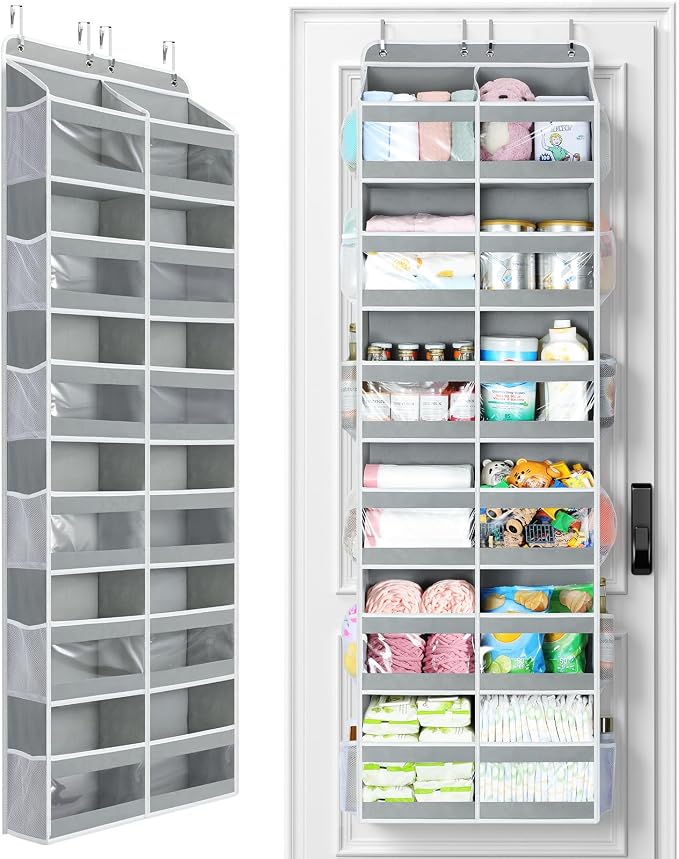 Yecaye 6-Tier Over The Door Organizer Dual-Column of 12 Compartments, College Dorm Essentials with Clear PVC Windows, Heavy Duty Door Organizer Hanging for Bedroom Bathroom Pantry Nursery, Grey 1 Pack by Yecaye