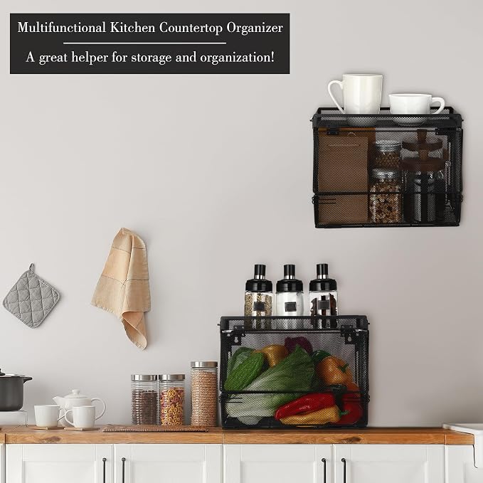 Teenyyou 2 Pcs Stackable Mesh Fruit Basket with Lid Wall Produce Vegetable Storage Basket Onion Potato Hanging Metal Wire Container for Kitchen Counter Pantry(Removable,Black,7.1" w & 11.8" l) - Image 6