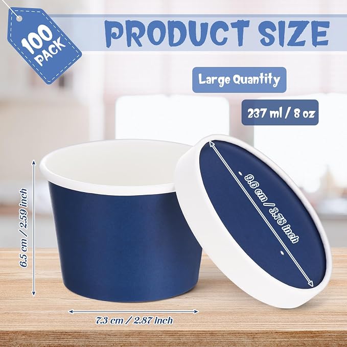 Fulmoon 100 Pack Paper Soup Containers with Lids Disposable Paper Food Containers with Vented Lid Kraft Ice Cream Cake Dessert Cups Soup Bowl for Party Hot Food Fruit Microwave(8 oz,Navy Blue) - Image 2