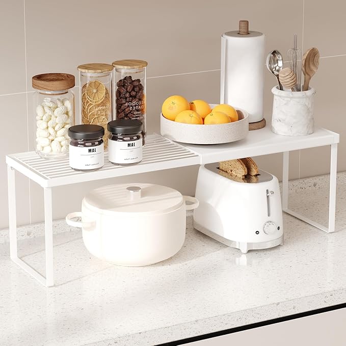 Magheo Expandable Kitchen Countertop Organizer, 1 Pack Stackable Cabinet Shelf Risers, Metal Spice Rack Heavy Duty Counter Organizer Storage for Kitchen, Pantry, Cupboard, Rv (8.7in Height,White) by MAGHEO
