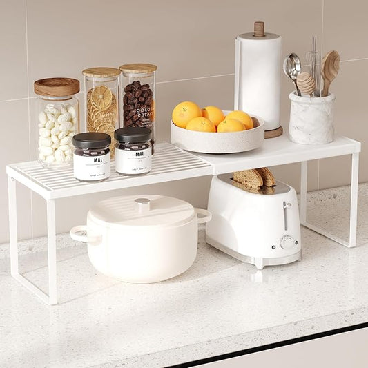 Magheo Expandable Kitchen Countertop Organizer, 1 Pack Stackable Cabinet Shelf Risers, Metal Spice Rack Heavy Duty Counter Organizer Storage for Kitchen, Pantry, Cupboard, Rv (8.7in Height,White) by MAGHEO