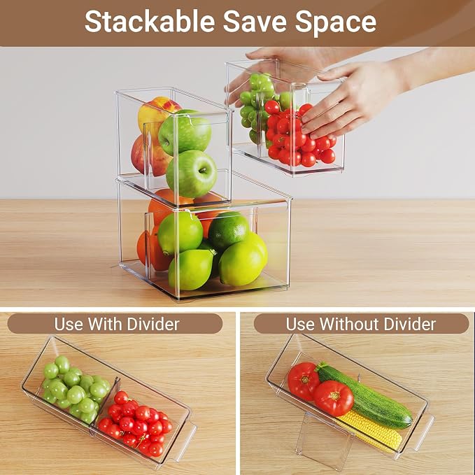 Clear Plastic Storage Bins with Dividers for Fridge Pantry Organizers and Storage Containers, 3 Pack Acrylic Stackable Sturdy Storage Boxes for Home Edit and Cabinet Organizers C6-1 - Image 3