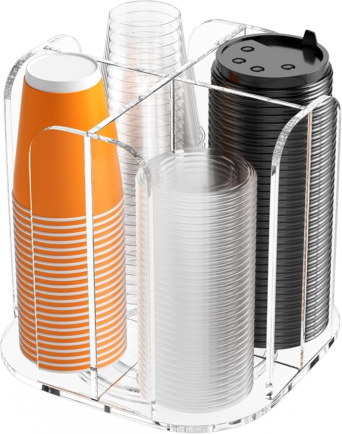 Beego Rotatable 4-Compartment Acrylic Cup Dispenser - Coffee Station Cup and Lid Carousel Countertop Plastic Cup Holder for Restaurant Breakroom Coffee Bar by beegoofficial