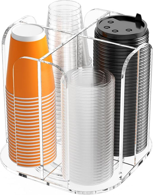 Beego Rotatable 4-Compartment Acrylic Cup Dispenser - Coffee Station Cup and Lid Carousel Countertop Plastic Cup Holder for Restaurant Breakroom Coffee Bar by beegoofficial