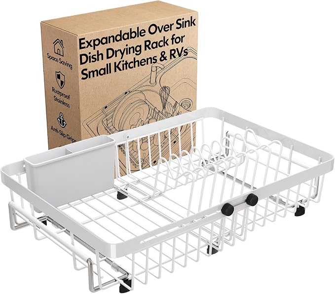White Dish Drying Rack Over The Sink with Utensil Holder | Expandable Stainless Steel Dish Drainer for Small Kitchen, Apartment, RV, Counter Space Saving, Perfect Fit, Rustproof by MAJALiS