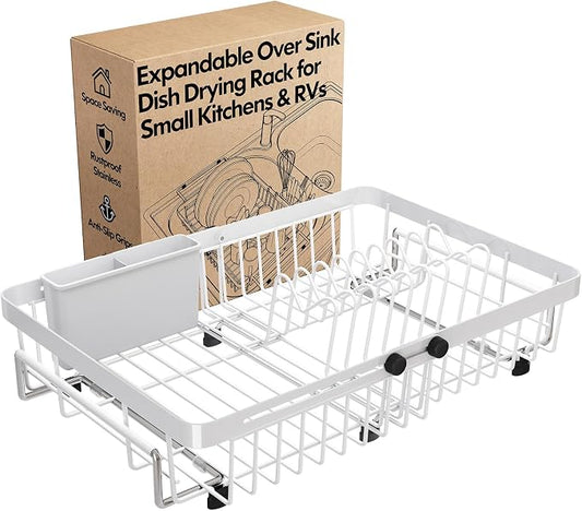 White Dish Drying Rack Over The Sink with Utensil Holder | Expandable Stainless Steel Dish Drainer for Small Kitchen, Apartment, RV, Counter Space Saving, Perfect Fit, Rustproof by MAJALiS