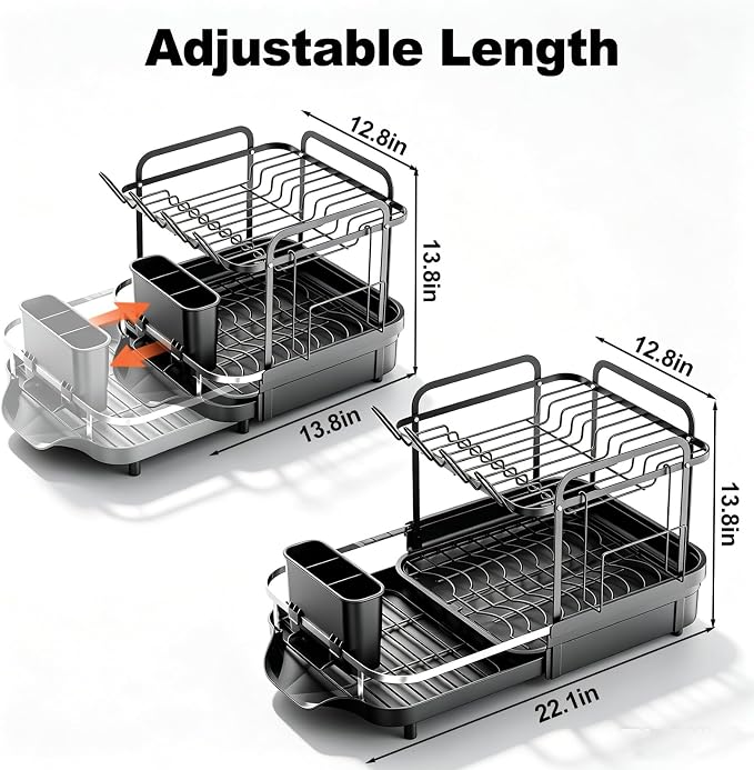 Expandable Stainless Steel 2-Tier Large Capacity Dish Drying Rack, Auto Drain Kitchen Counter Drainer with Rotatable Multi-Slot, Drainboard, Utensil, Cup Cutting Board Holder, 15"-22.4" Adjustable - Image 3