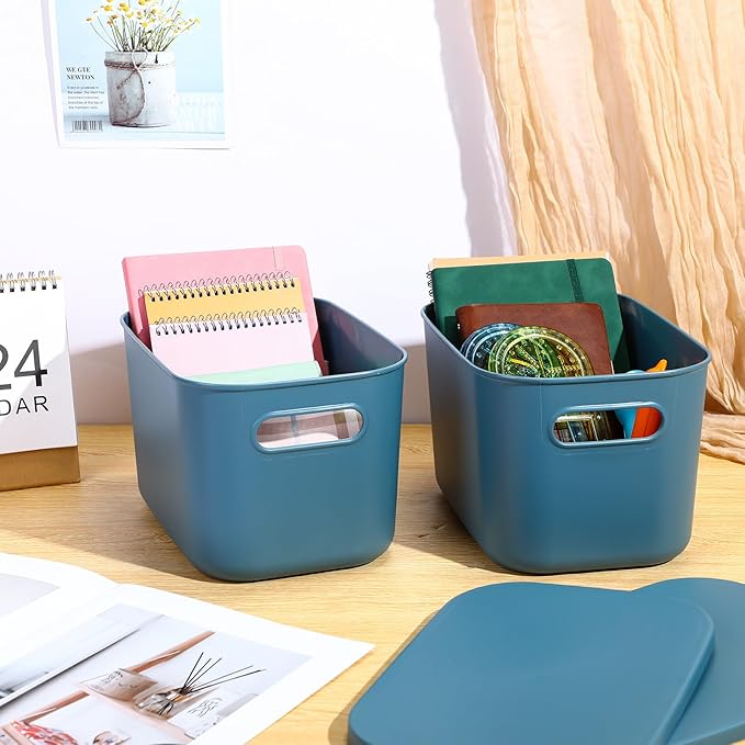 8 Pieces Colorful Storage Bins with Lid, Plastic Storage Basket Organizing Container Stackable Box with Handle for Shelves Desktop Playroom Office(10.2 x 7 x 6.3 Inch,Blue) - Image 3