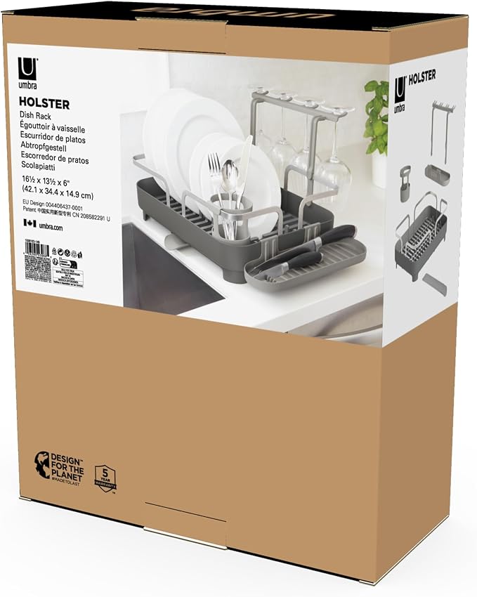 Umbra Holster Dish Rack– Molded Plastic Dish Drying Rack with Drainage Spout, Charcoal - Image 18