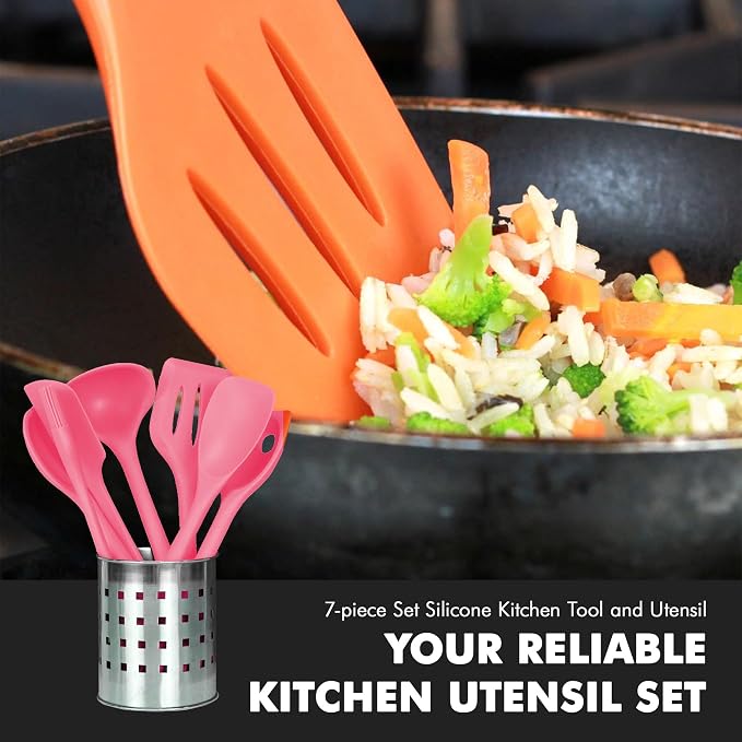 Chef Craft - Premium Silicone Kitchen Tools and Utensils Set, Non-Scratch, Withstands Temperatures up to 450°F, BPA-Free, 7 Piece Cooking Utensils Set, Pink - Image 5