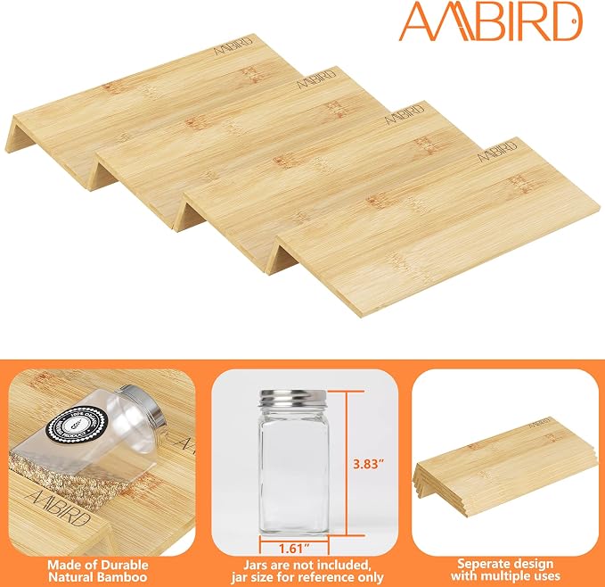AMBIRD Bamboo Spice Drawer Organizer with Non-slip Mat,4 Tier - 2 Set Jar Spice Rack Tray From 12''to 24'',Hold up 48 Jars Seasoning Organizer for Kitchen,Cabinet,Drawers,Countertop - Image 5