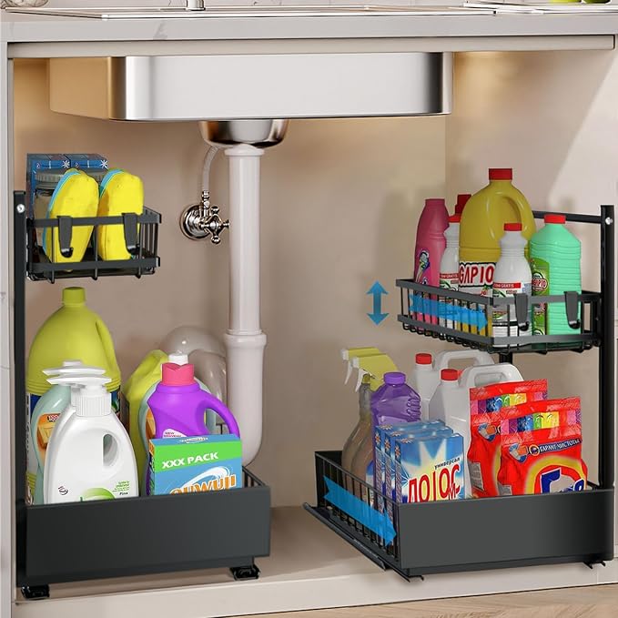 sagetta Black Under Sink Organizers with Sliding Rails Two Pack Under Kitchen Sink Organizers and Storage Pull out Kitchen Cabinet Organizer Height Adjustable Cabinet Storage Shelves Two Tiers by SagettaHOME