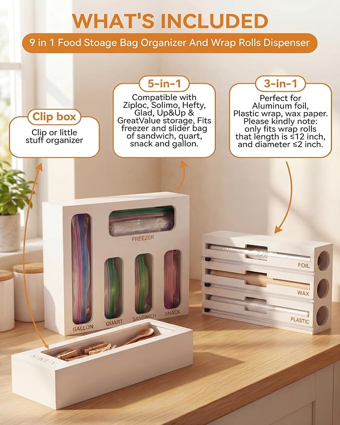 Bamboo Foil and Plastic Wrap Organizer for Kitchen Drawer, 9 in 1 Plastic Bag Organizer Organization and Storage, Food Storage Bag Organizer with Labels for Quart Gallon Snack (White) - Image 4
