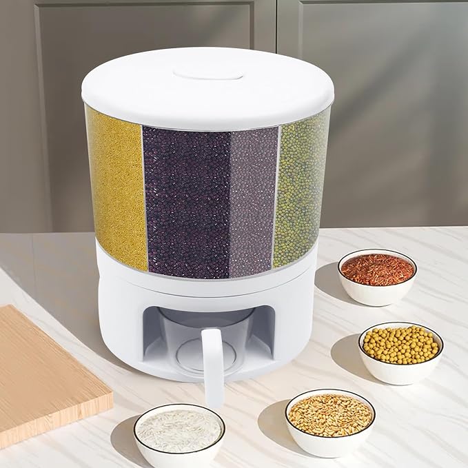 360° Rotating Grain Dispenser With 6 Grids, 24lbs Large Capacity Grain Dispenser Rotating Kitchen Storage Containers With Sealed Lid For Peanut Barley Millet And Cereal(White) - Image 6