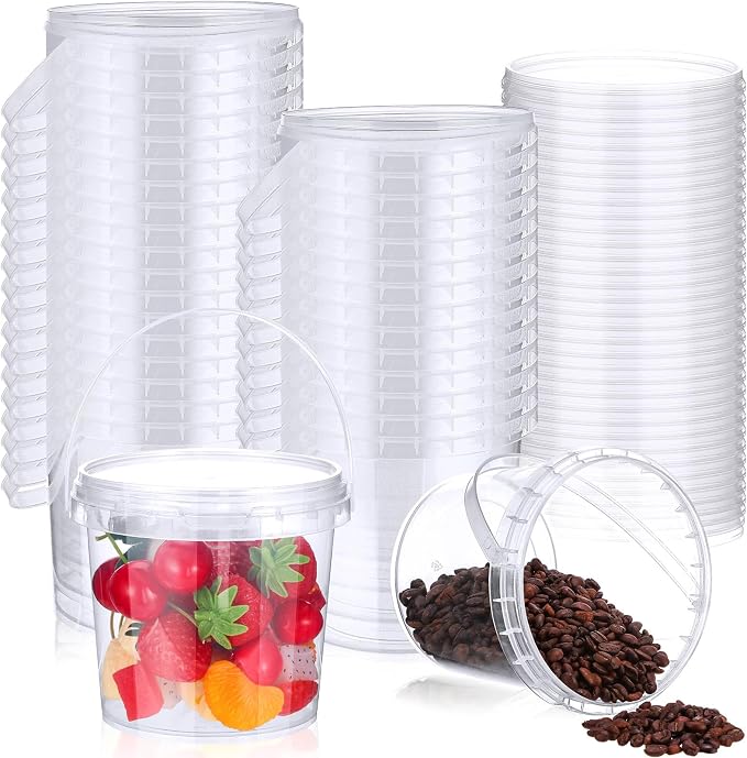 50 Pcs Food Clear Bucket Plastic Gallon Bucket Round Reusable Ice Cream Containers with Lids and Handles Airtight Clear Plastic Tub Freezer Reusable Pail for Popcorn Kitchen Drinks Home(24oz) by Mifoci