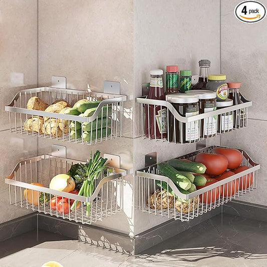4 Set Hanging Wall Mount Storage Baskets, Multiuse Sturdy SUS304 Stainless Steel Organizing Baskets for Home Kitchen, Bathroom, Pantry Utility, Laundry Organizer,L15.75Inch, D 6.3Inch, H 4.75Inch by kaileyouxiangongsi
