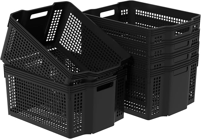 Stackable Woven Plastic Storage Baskets, 6 Pack Container Tote | Shelf Organizer Bins for Pantry and Cabinet, 14.8 x 10.9 x 7.1 in, Nest and Stack, Black - Image 6