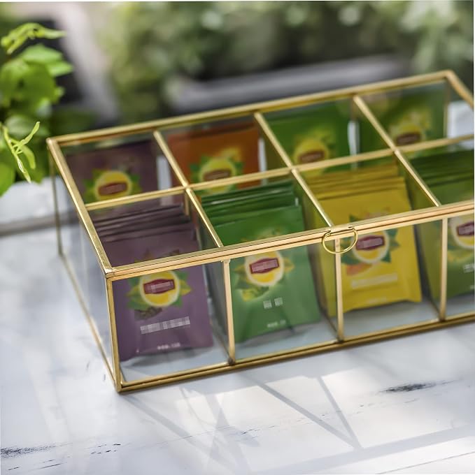 NCYP Glass Tea Bags Organizer with Lid, 8 Compartments Teabag Container, Indoor Counter Top Brass Display Case, 12" x 7.1" x 3.7" Teabag Storage Box, Gold Decor (Glass Box Only) - Image 7