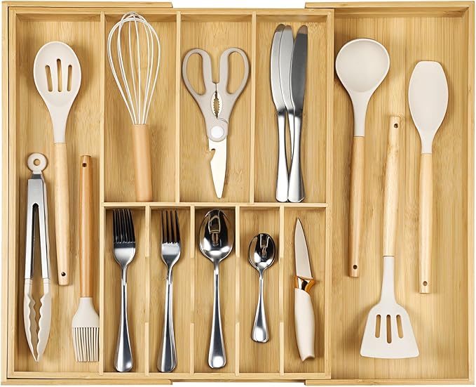 Fabsome Silverware Organizer for Cabinet Drawer, Expandable from 16.7'' to 30'' Wide Bamboo Wood Flatware Tray for Large Kitchen Drawers, Cutlery Utensil Holder by Fabsome