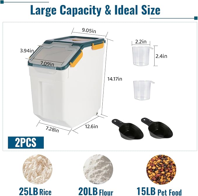 2 Pack Rice Container 25 lbs Large Bulk Flour Sugar Storage Holdhouse Plastic Grain Cereal Dry Goods Bin with Spoon and Measuring Cup for Kitchen Pantry Organization - Blue - Image 2