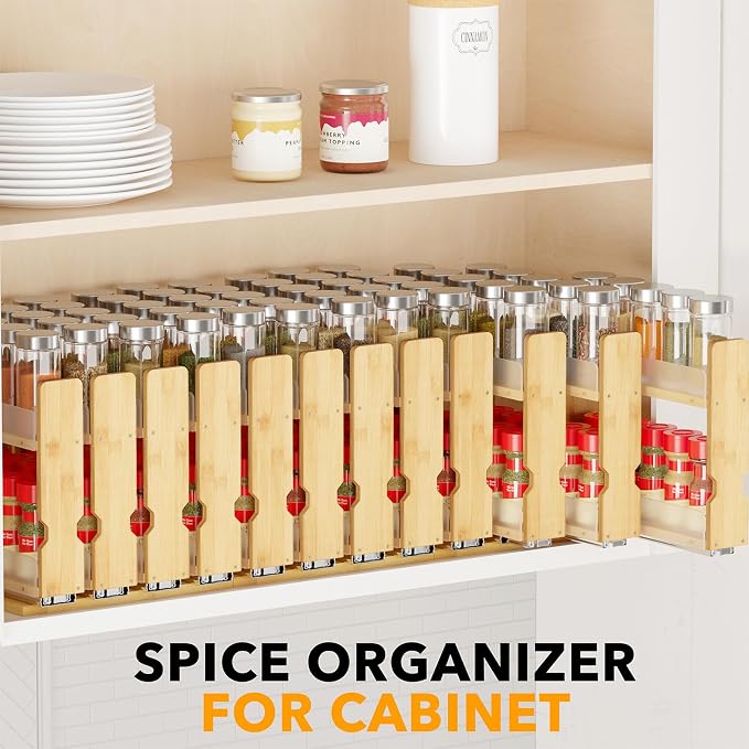 SpaceAid Bamboo Pull Out Spice Rack Organizer for Cabinet, Heavy Duty Slide Out Seasoning Kitchen Pantry Sliding Vertical Organization, 10.1" Wide, 4 Drawers(2" Wide), 2-Tier, Natural - Image 6