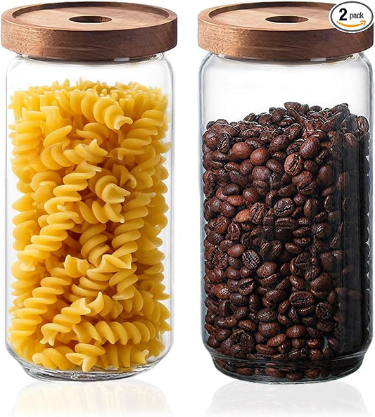 Glass Jars with Airtight Wood Lids - 34 OZ Kitchen Pantry Storage Containers, Decorative Canister for Fusilli, Spaghetti, Pasta, Sugar, Coffee Beans, Cereal, Oats, Candy, Cookie, Tea, Nuts, Set of 2 by PENGSHU