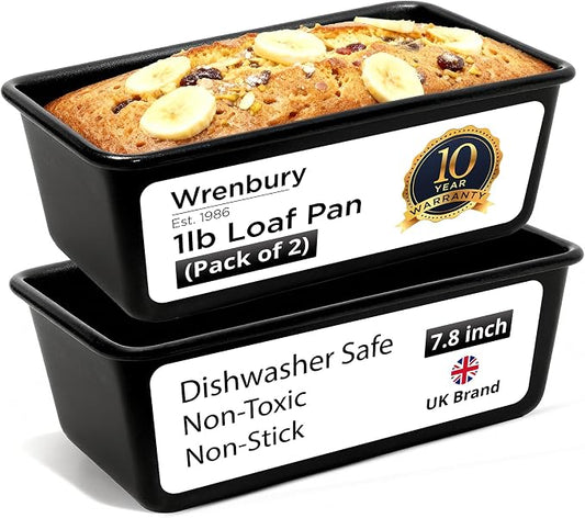 Wrenbury Pro 1lb Bread Loaf Pan 8x4 Set 2 - Loaf Tins for Baking Non Stick | Toughened Heavy Gauge - Twin Pack - Banana Bread Loaf Pan - Air Fryer Safe by Wrenbury