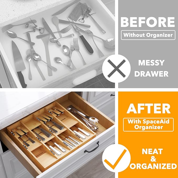 SpaceAid Bamboo Silverware Drawer Organizer with Labels, Kitchen Utensil Tray Holder Organizer for Flatware, Cutlery, Spoon and Knives Drawer Storage Organization (12 Slots) - Image 2