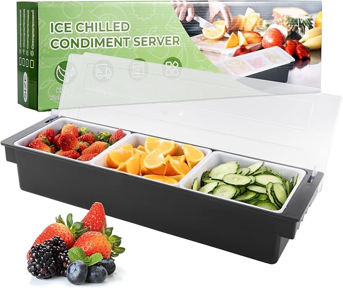 WICHEMI Ice Chilled Condiment Caddy with 3 Removable Trays and Lids | Condiment Container, Taco Bar Serving Tray, Fruit & Garnish Trays Serving Platter for Salad, Party Supplies & Bar Accessories by WICHEMI